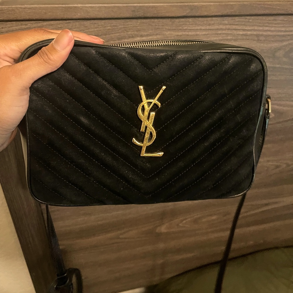 Black YSL Lou Medium Camera Crossbody Bag Gold detail